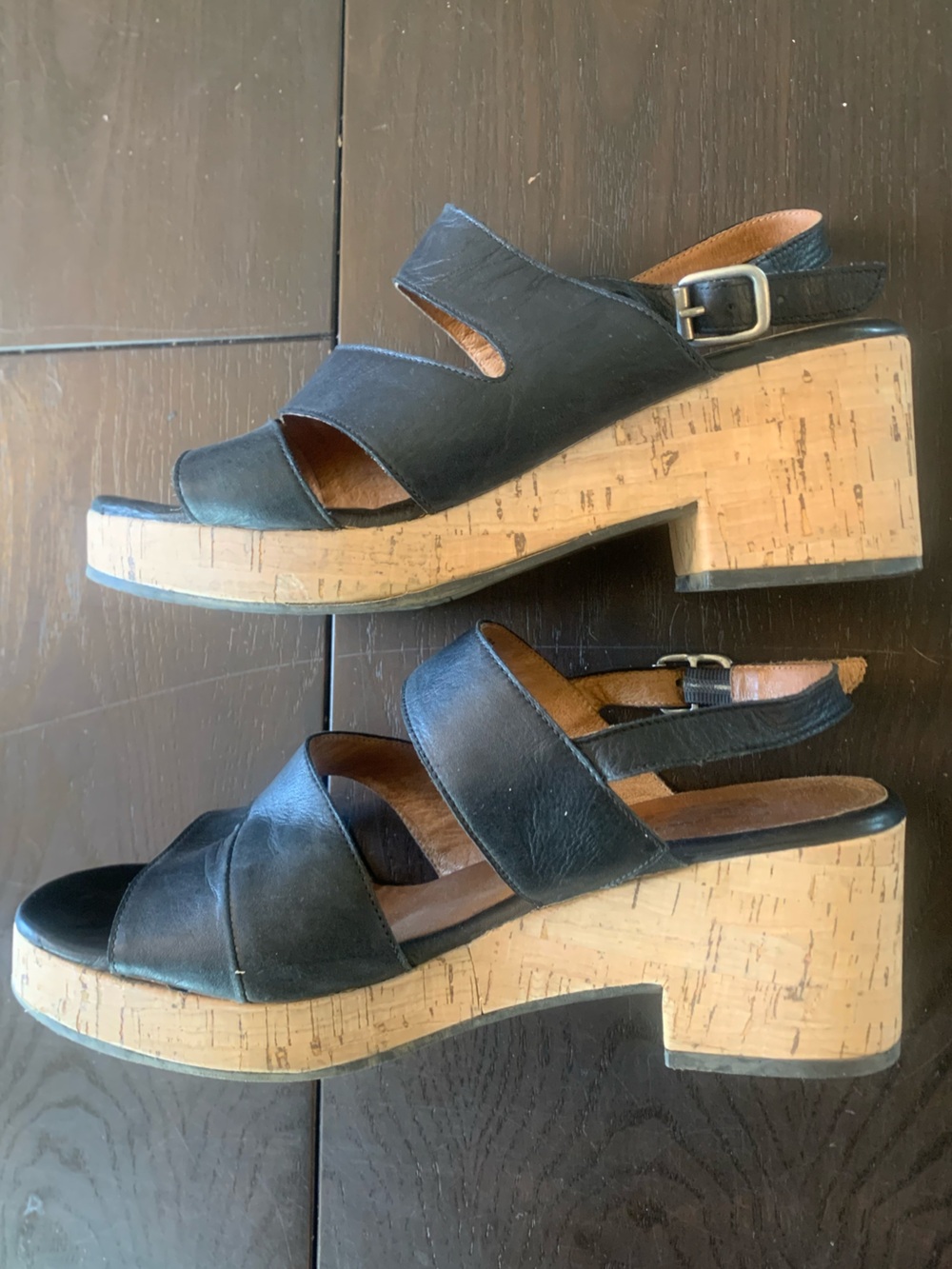 Miz Mooz Retro Black Leather Slingback Cork Heel Sandals size 40